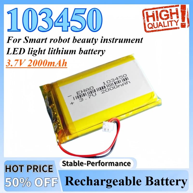 New 103450 3PCS 3.7V 2000mAh Lithium polymer rechargeable battery Lipo + Jst 1.25mm 2 pin spin for smart robot beauty tool