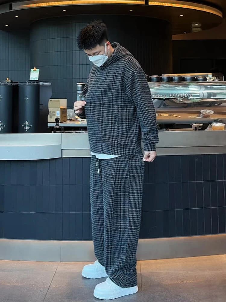 Spring Fashion Korean Style Men's Casual Hoodie And Plaid Long Pants Two-Piece Set Loose Fit Comfortable Breathable Clothing