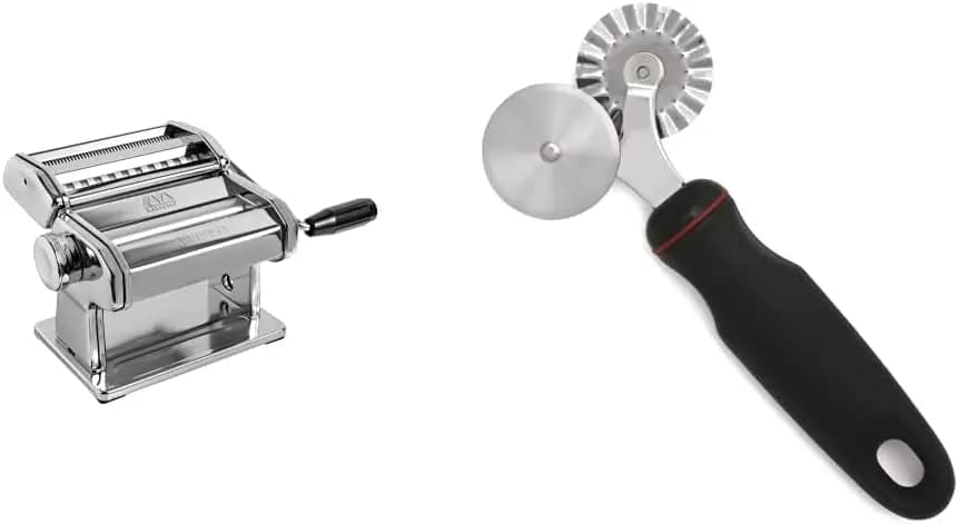 Macchina per Pasta in Acciaio Inossidabile Made in Italy con Tagliapasta e Manovella, Include Istruzioni e Rotella per Ravioli