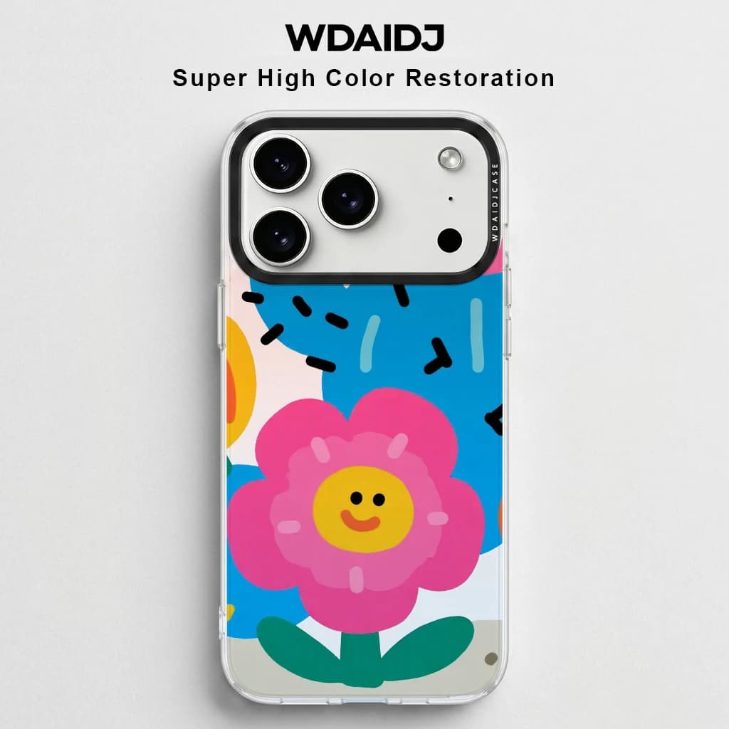 Cover per iPhone 17 16 15 14 13 con stampa floreale rosa Dopamina e colori vivaci, simpatica custodia trasparente anti-caduta con cartoni animati