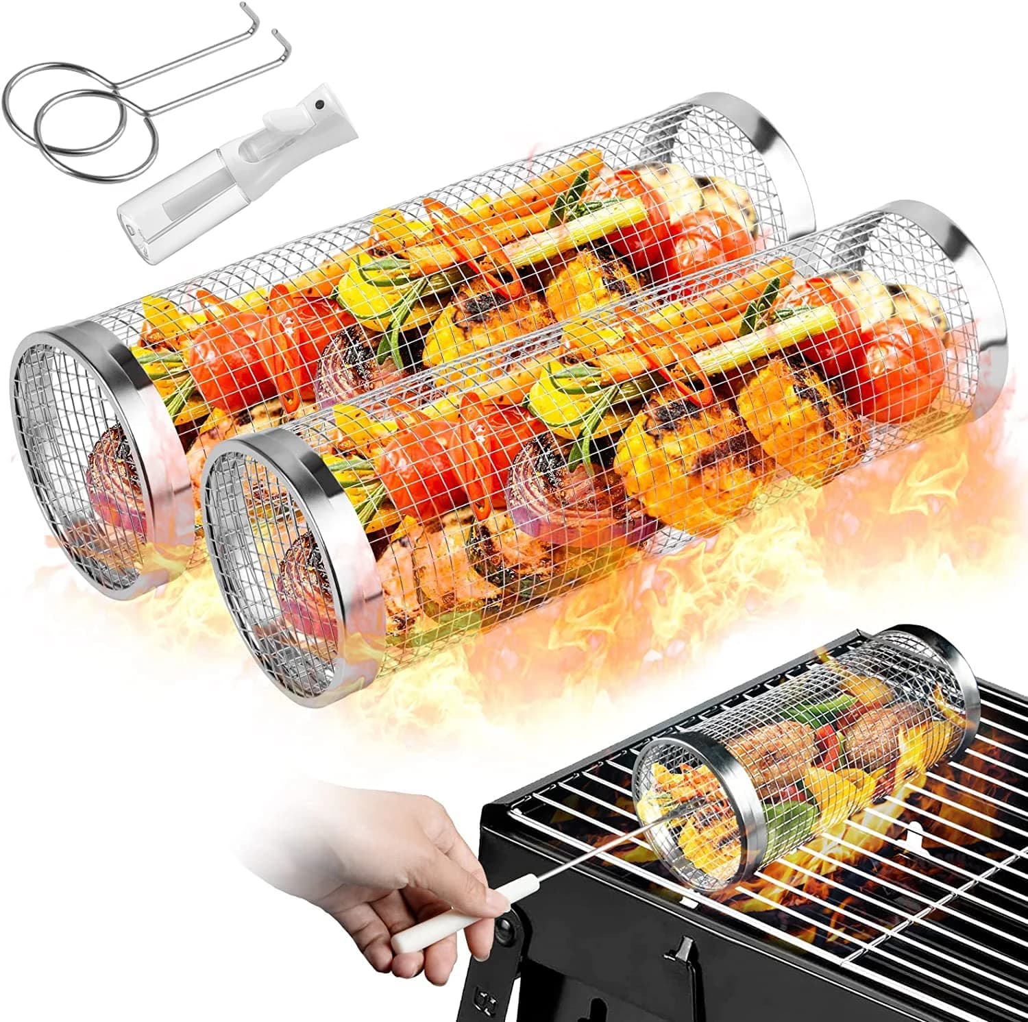 Cestini per grigliare da 2 pezzi per grigliare all'aperto Set di accessori per tubi a rete per barbecue in acciaio inossidabile per campeggio e cucina