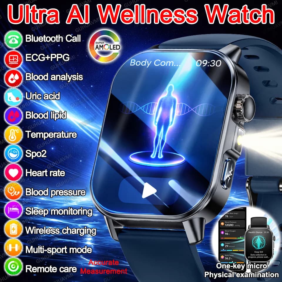 Nuovo Smartwatch 2026 con Diagnosi AI, ECG+PPG, Pressione Sanguigna, Frequenza Cardiaca, SpO2, Acido Urico, Lipidi, Monitoraggio del Sonno, Schermo HD in Zaffiro e Torcia LED