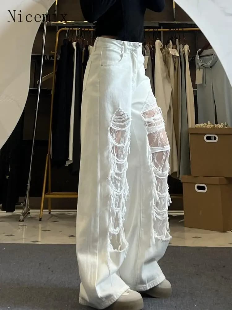 Nicemix American Trendy Lace Patchwork Straight Leg Ripped Jeans for Women Summer White Thin High Waist Loose Casual Pants