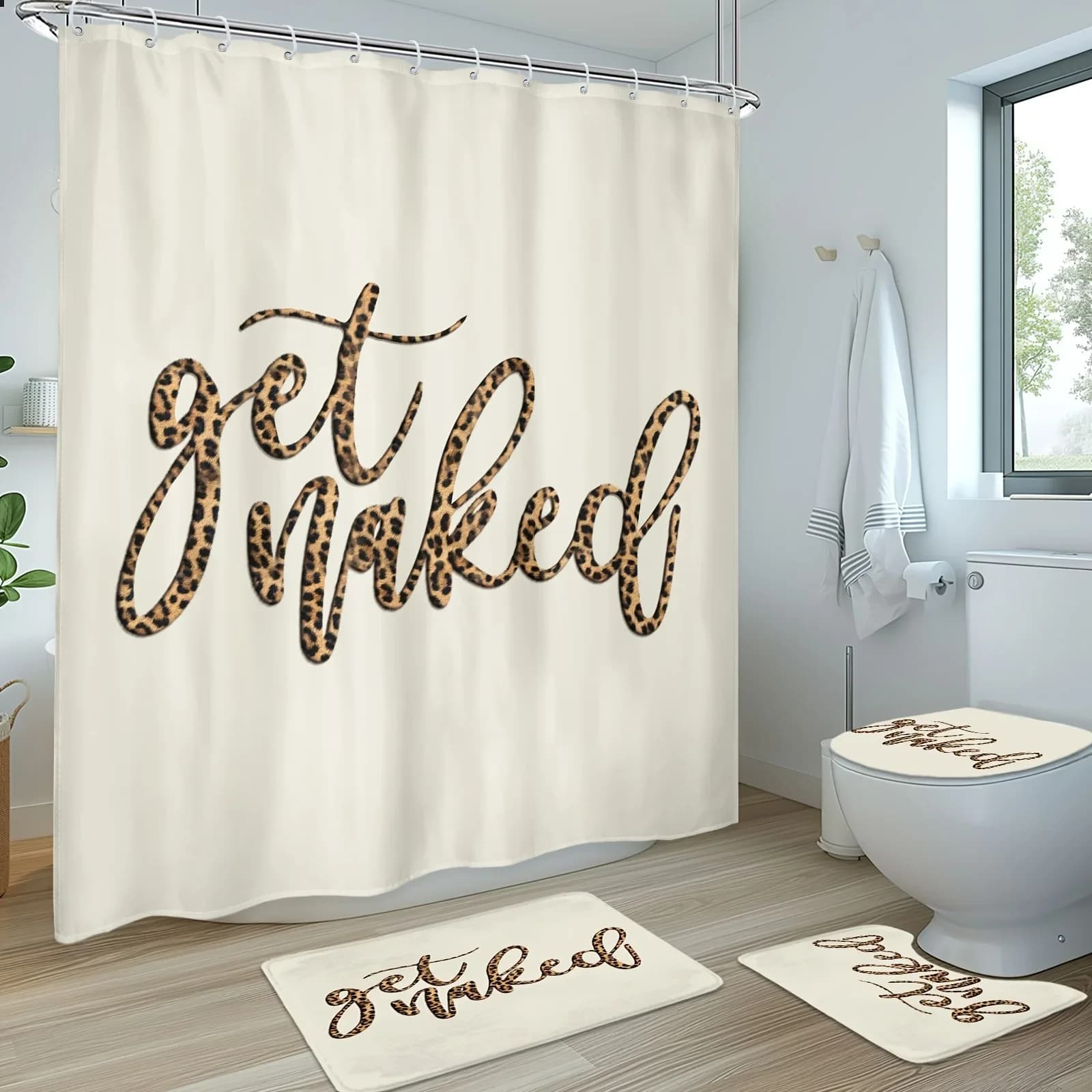 Set da bagno da 4 pezzi - Set tenda da doccia leopardata impermeabile con tappetino da bagno antiscivolo, tappetino per WC a forma di U, tappetino di copertura con ganci