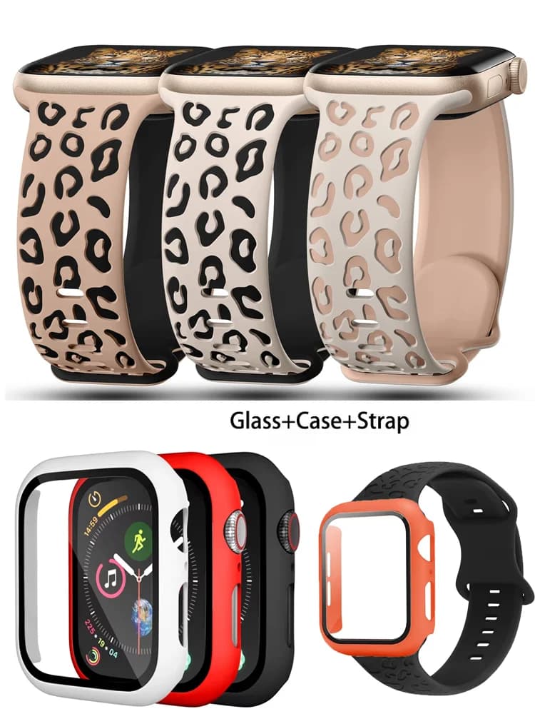 Glass+Case+Strap for Apple Watch Band 45mm 44mm 41mm 40mm Engraved Leopard belt for Apple IWatch Series 10 8 7 6 SE 5 46mm 42mm