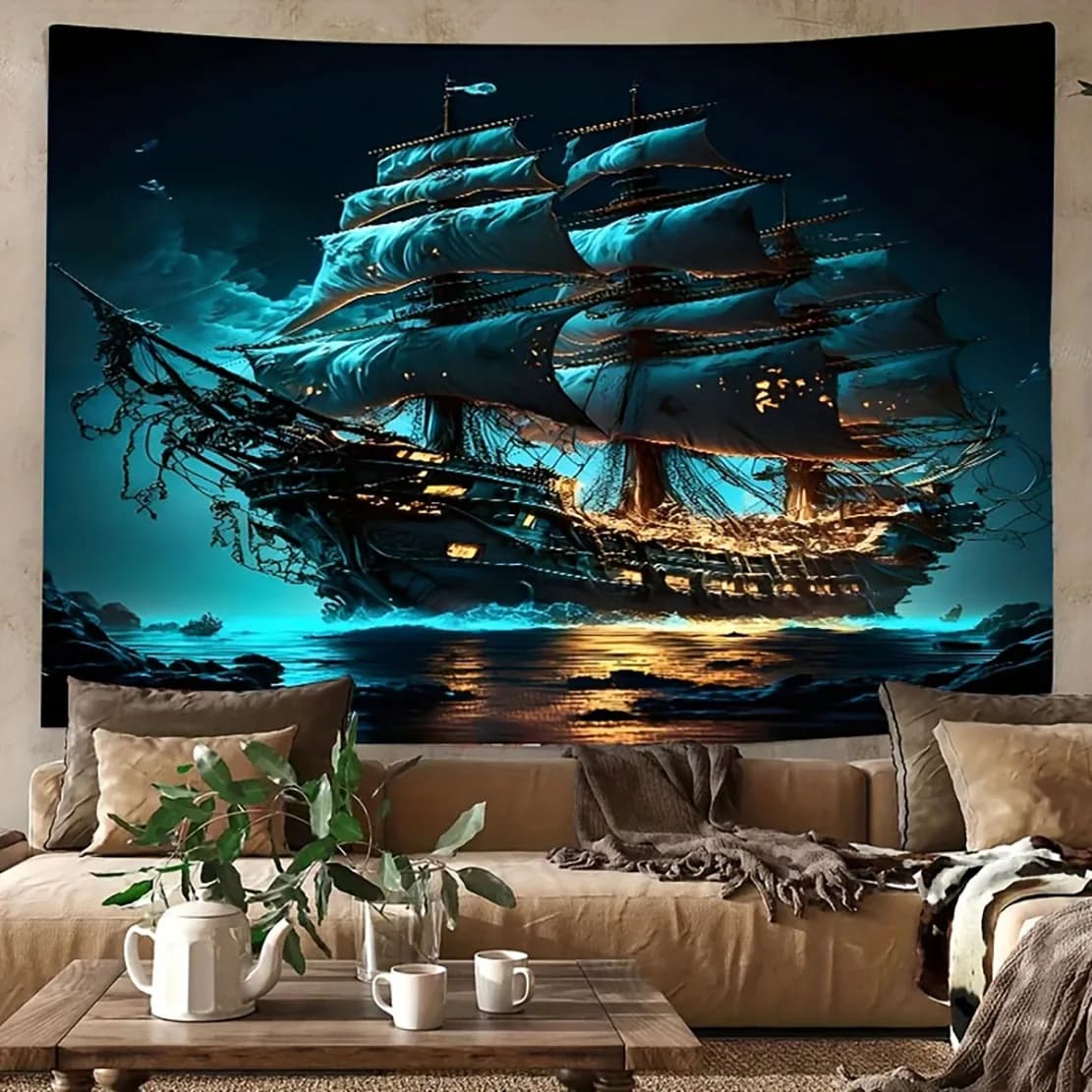 Pirate Ship Ocean Scenery Tapestry, Nautical Theme Polyester Wall Hanging, Fine Print Art Decor for Living Room Bedroom Dorm