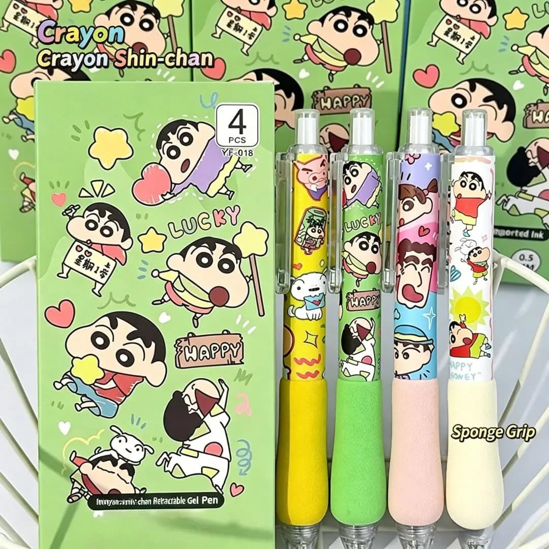 Penne Gel Retrattili Crayon Shin-chan - Set da 4 Penne Anime Kawaii con Impugnatura in Spugna, Inchiostro Nero 0.5mm, Ottimo Regalo per Bambini e Studenti
