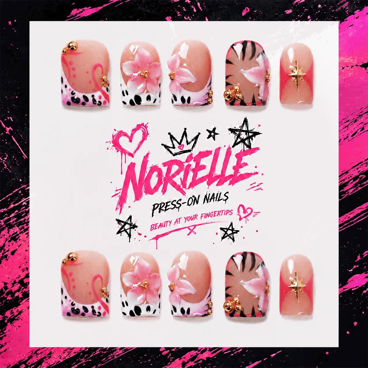 10pcs Y2K Handmade Press On Nails, Pink 3D Floral Animal Print, Gold Bead Short Square Fake Nails for Women Nail Art