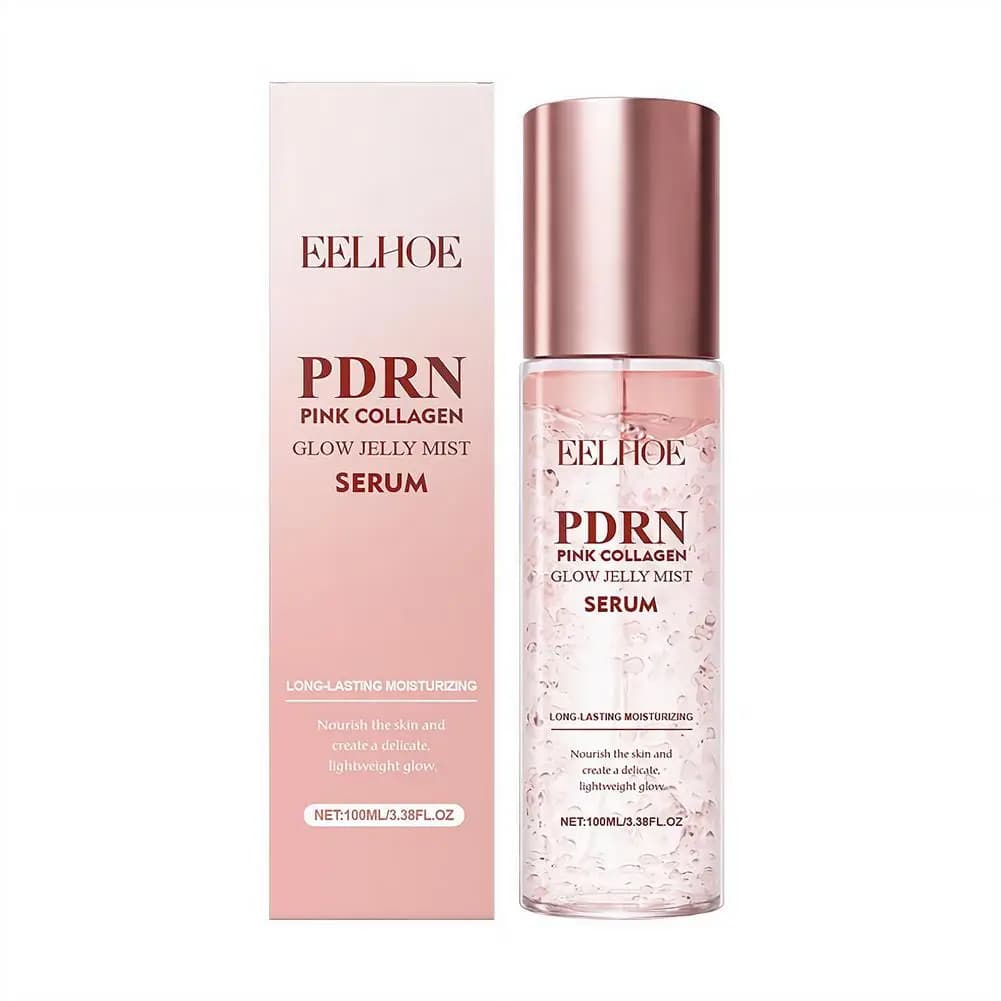 Spray viso idratante Jelly Serum Mist con PDRN rosa e collagene, con niacinamide e acido ialuronico per una cura rassodante e volumizzante.
