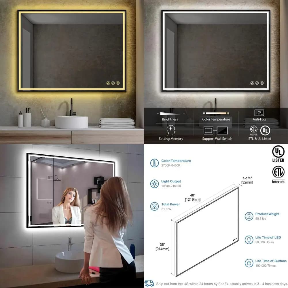 Specchio da Bagno LED Retroilluminato 48x36 Dimmerabile, Antiappannamento, da Parete per Trucco con Vetro Temperato e Cornice Nera Opaca