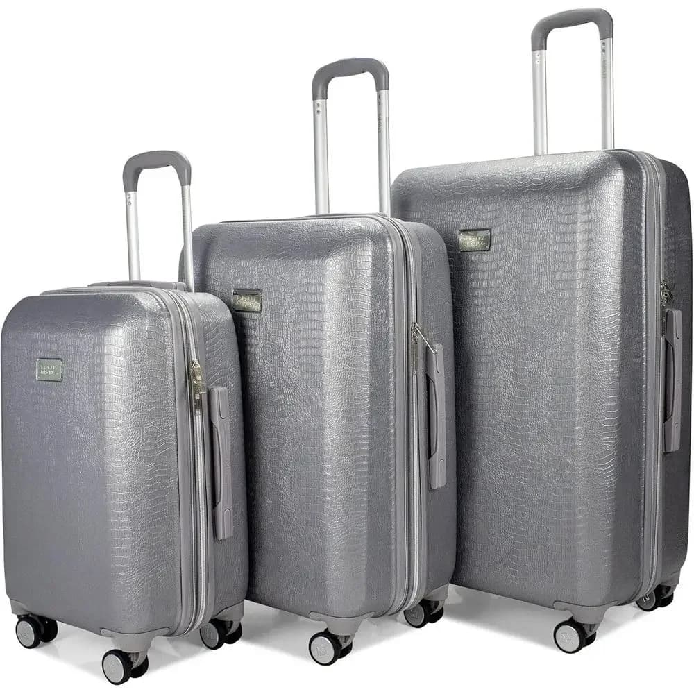 Expandable 3-Piece Snakeskin Luggage Set in Silver