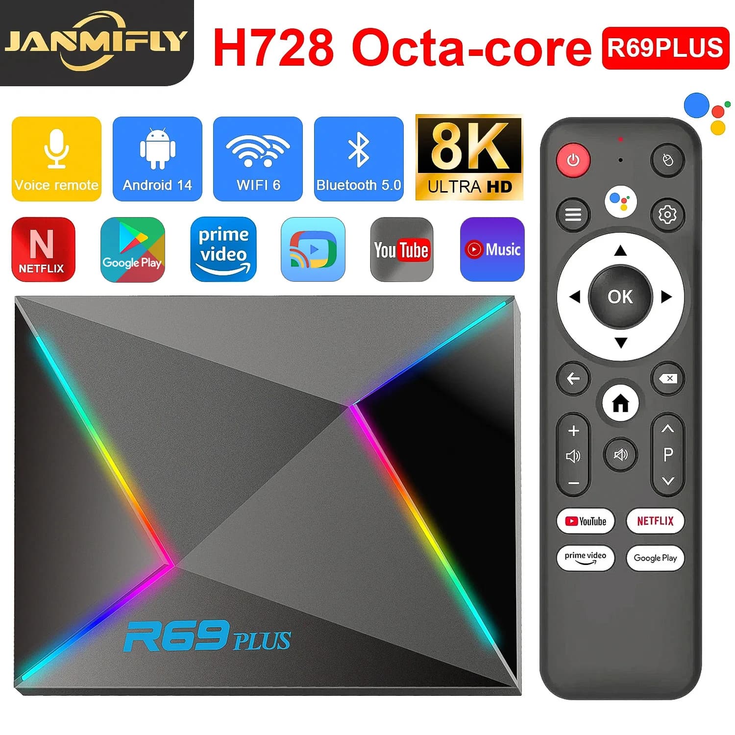 R69 Plus TV Box con controllo vocale Ultra HD 8K Allwinner H728 Octa Core Supporto Netflix tv box WIFI 6 Set Top Box
