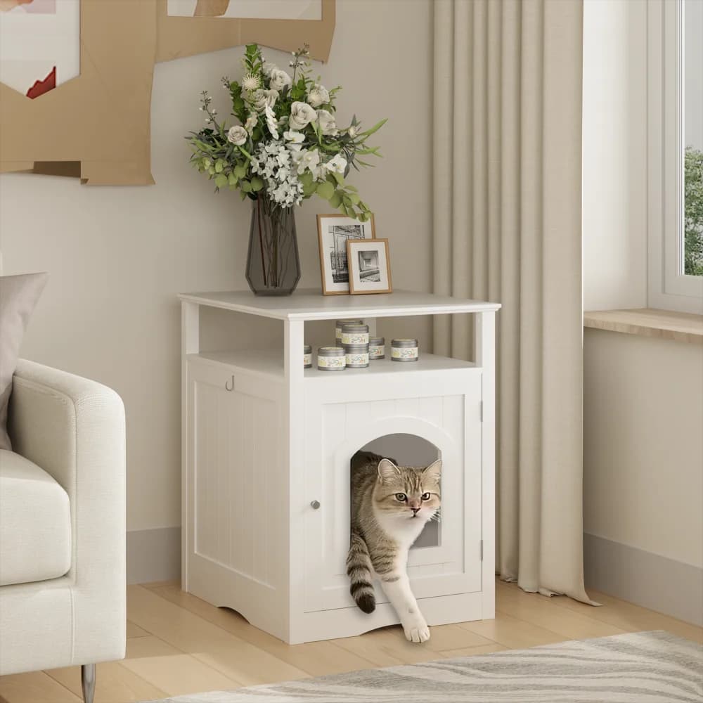 Mobiletto per lettiera per gatti bianco: Casetta in legno con lettiera nascosta, ripiano portaoggetti e tavolino moderno