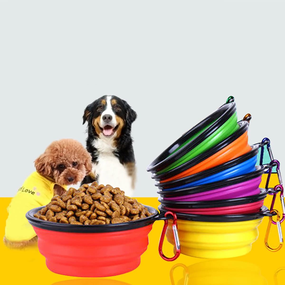 Ciotola pieghevole per cibo per cani in silicone per animali domestici, campeggio all'aperto, viaggio, portatile, pieghevole, per animali domestici, ciotola per animali domestici, piatti con moschettone