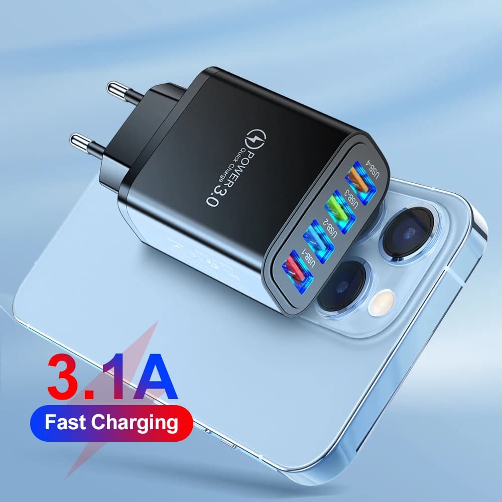 40W 4-Port USB C Charger QC3.0 3.1A Fast Wall Adapter for iPhone 16 Samsung Huawei Xiaomi EU US UK Plug Travel Charging Station