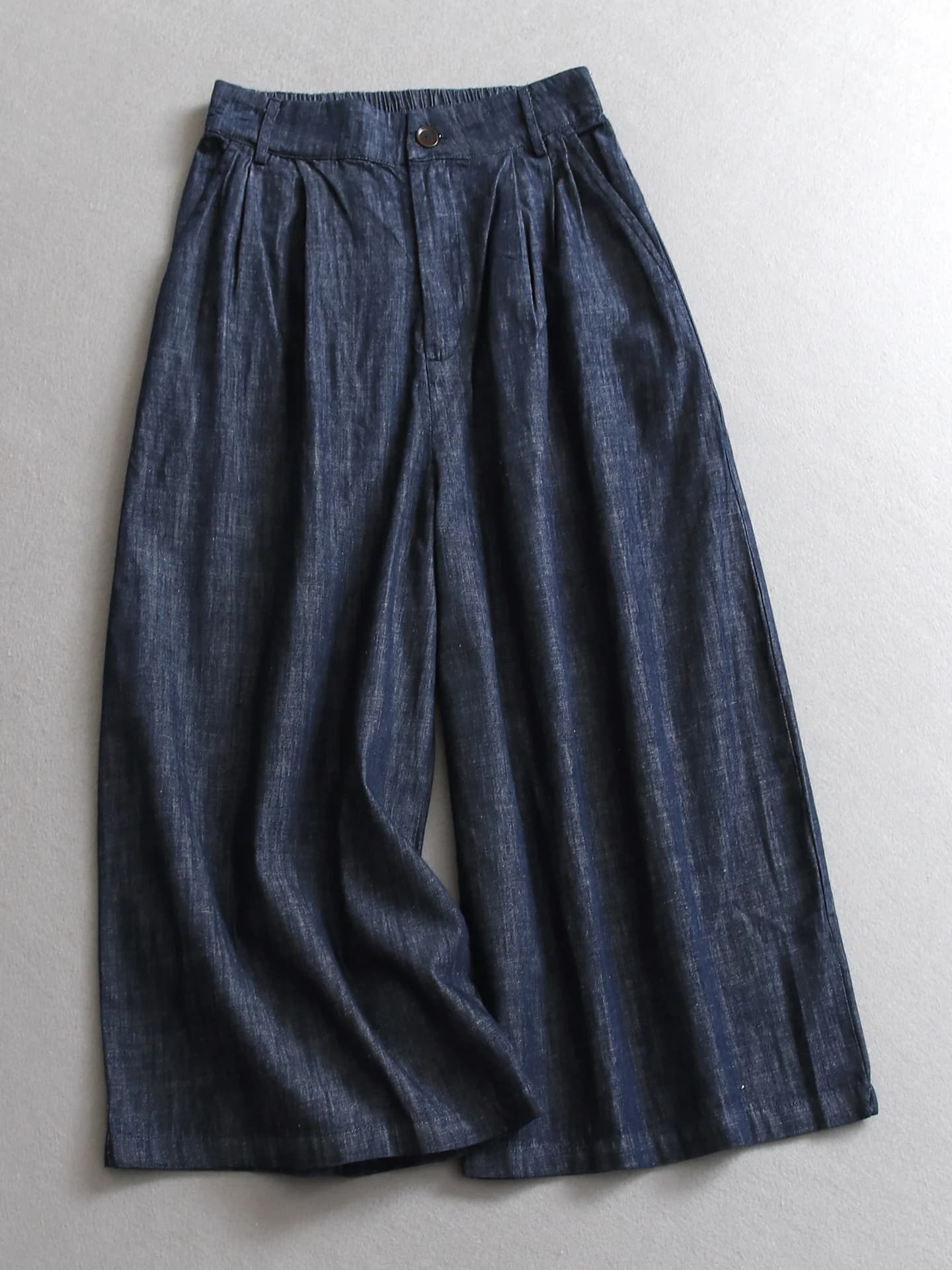 Jeans a Vita Alta e Gamba Dritta in Puro Cotone, Stile Vintage Blu Scuro, Pantaloni a Gamba Larga, Stile Casual, Jeans Estivi da Donna