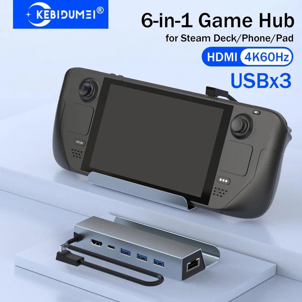 KEBIDUMEI Hub USB C 6 in 1 per Steam Deck e Rog Ally, Docking Station USB Tipo C a HDMI 4K@60Hz, Ethernet 100M, PD100W, 3xUSB