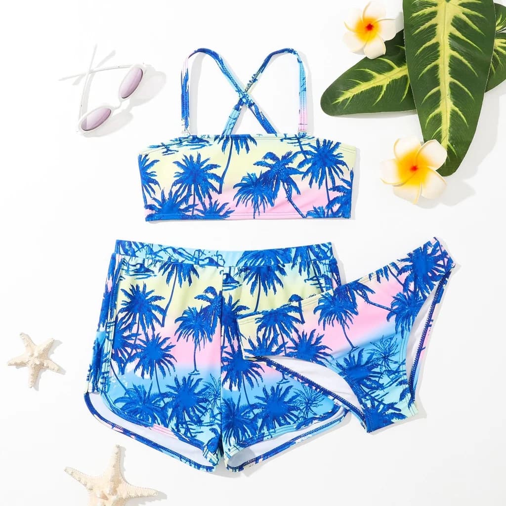 Ragazze 3 pezzi Bikini con stampa palma da cocco con pantaloncini costume da bagno per bambini 7-12 anni costumi da bagno per bambini 2024 costume da bagno