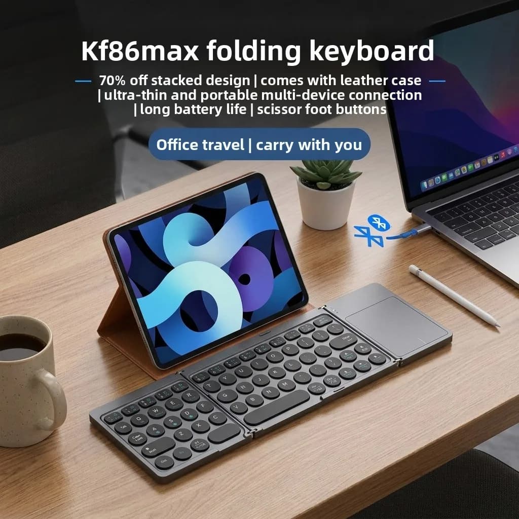 PU Leather Tri-Fold Bluetooth Keyboard, Detachable Touch Stand, Portable Office Folding Keyboard