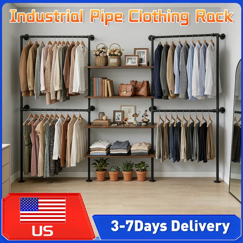 Industrial Metal Wall Hanger with Wooden Shelves to arrange clothes and accessories in the bedroom closet