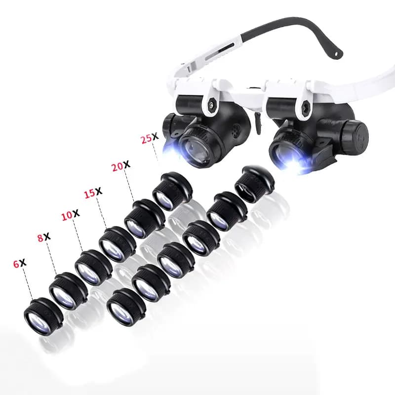 Lente d'ingrandimento per occhiali binoculari Lente d'ingrandimento illuminata a LED Lente d'ingrandimento 6X-25X Multi-lenti sostituibili per la riparazione di orologi gioielli