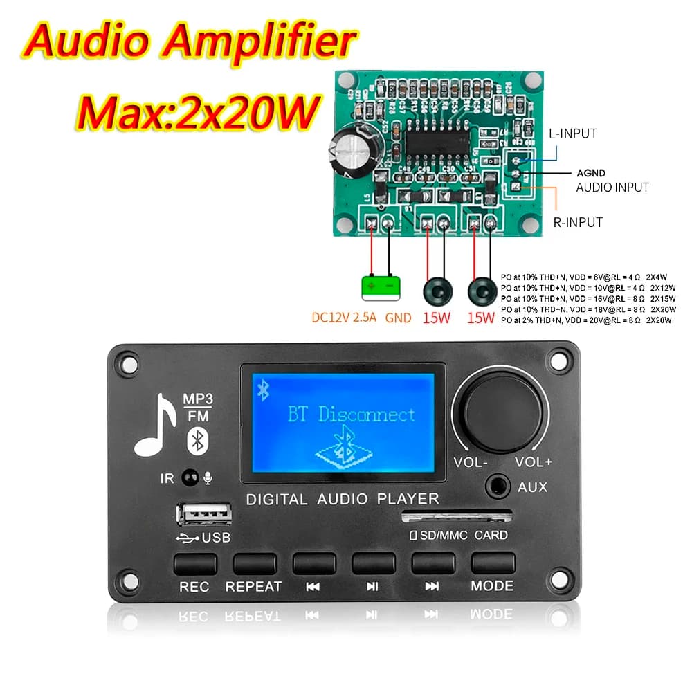 KEBIDU DC 12V Bluetooth 5.0 Scheda di decodifica audio MP3 con schermo LCD Supporta la registrazione delle chiamate MP3 USB TF LINEA IN FM BLUETOOTH
