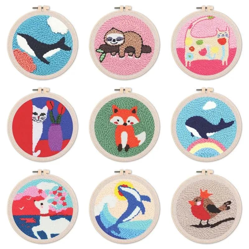 Punch Needle Embroidery Starter Kit Dog Cat Dolphin Pattern DIY Handcraft Kit for Beginners Includes Embroidery Hoops for Kids