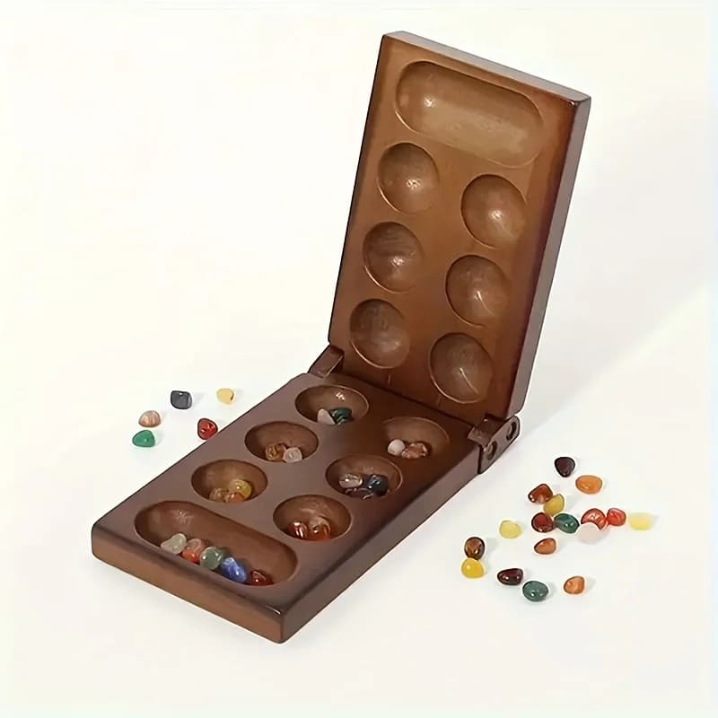 A Deluxe Folding Wooden Mancala Board Game Set - Kalah Chess with Natural Gemstones, Family Fun, Party