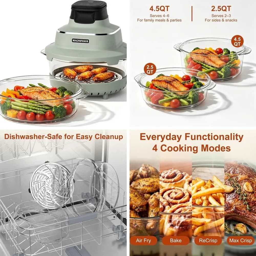 MAGNIFIQUE 12-in-1 Glass Air Fryer & Multi Cooker Combo, 4.5QT Borosilicate Glass Pot, Non Toxic, Stainless Steel