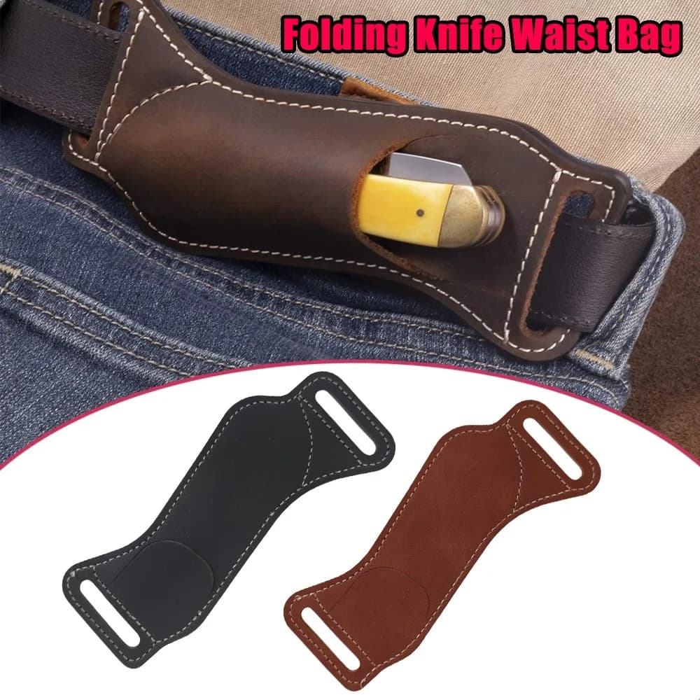 Leather Knife Sheath For Belt With Clip Horizontal Folding Knife Sheath Brown Leather Pocket Knife Holder For Outdoor Hunting