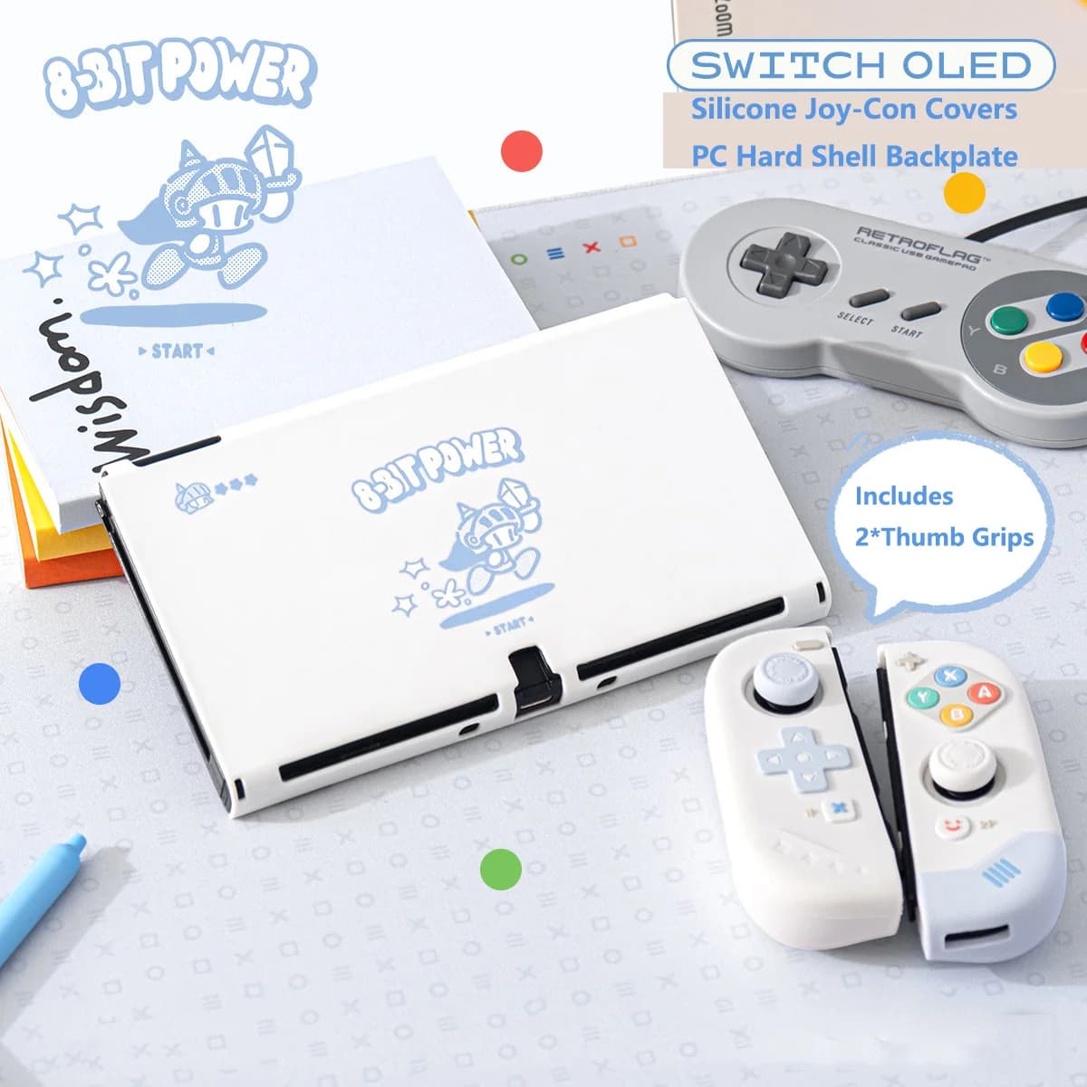 Custodia protettiva 8-Bit Power Pixel Knight per Nintendo Switch OLED – Guscio rimovibile a copertura totale con impugnature in silicone per Joy-Con