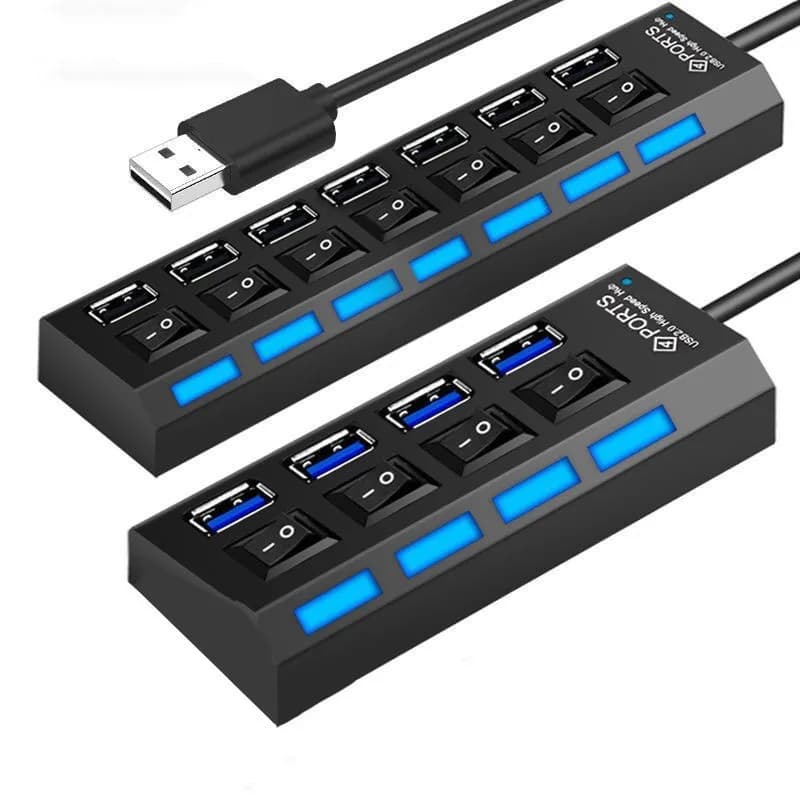 NUOVO! Hub USB 2.0 per Casa, Splitter Multi-Porta con Adattatore di Alimentazione, Hub Espansore a 7 Porte con Cavo e Interruttore