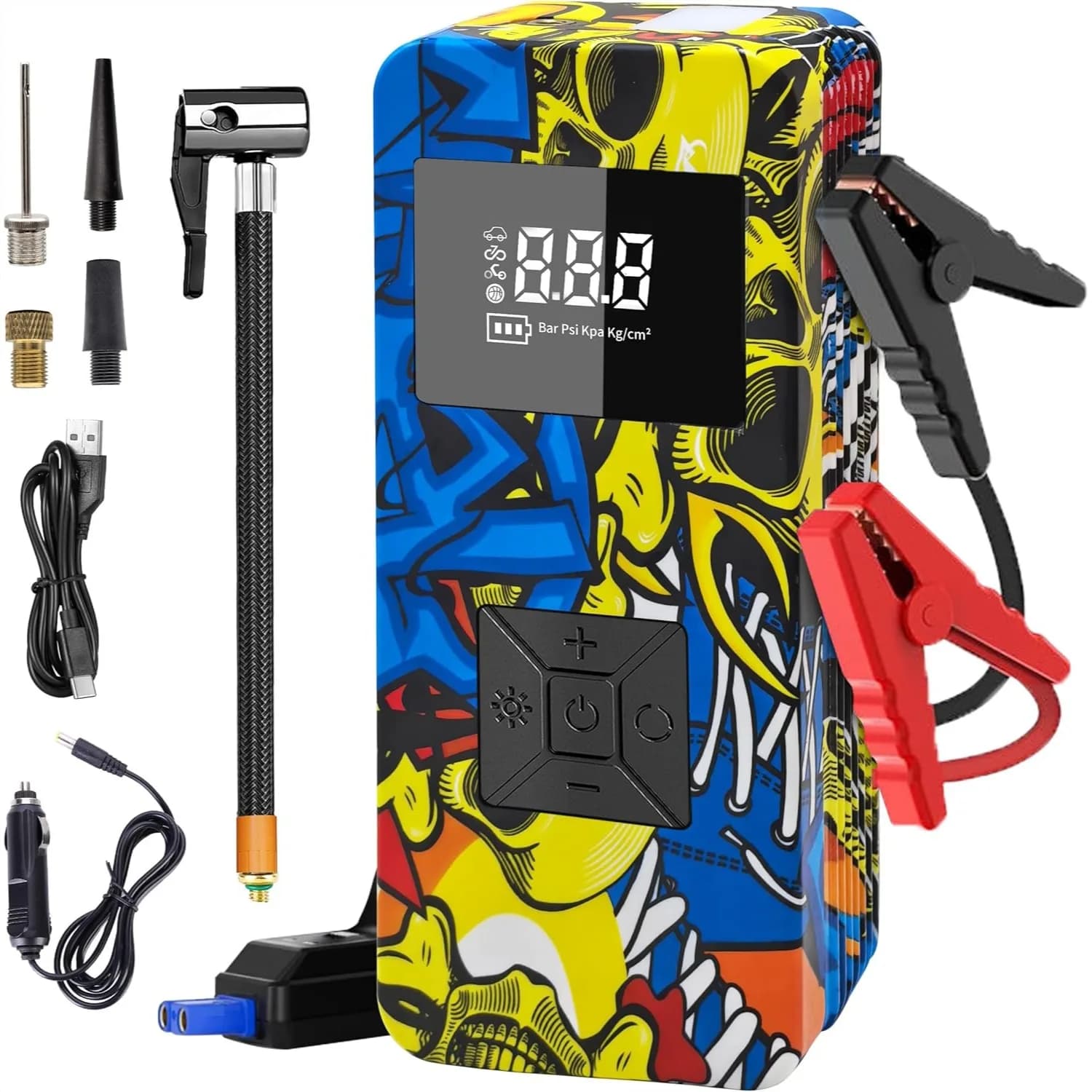 Avviatore di Emergenza 8000A con Compressore d'Aria 150PSI, Gonfiatore Portatile 12V per Auto, Camion, SUV, Cavi di Avviamento Intelligenti con Luce LED