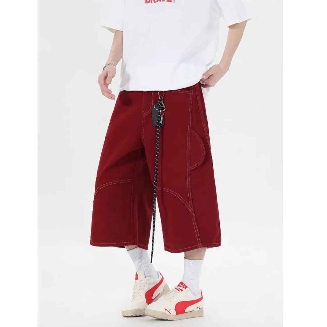 Pantaloncini Cargo Safari Unisex da Uomo Rossi con Linee Luminose e Tasche Multiple, Eleganti Shorts Streetwear per Uso Quotidiano