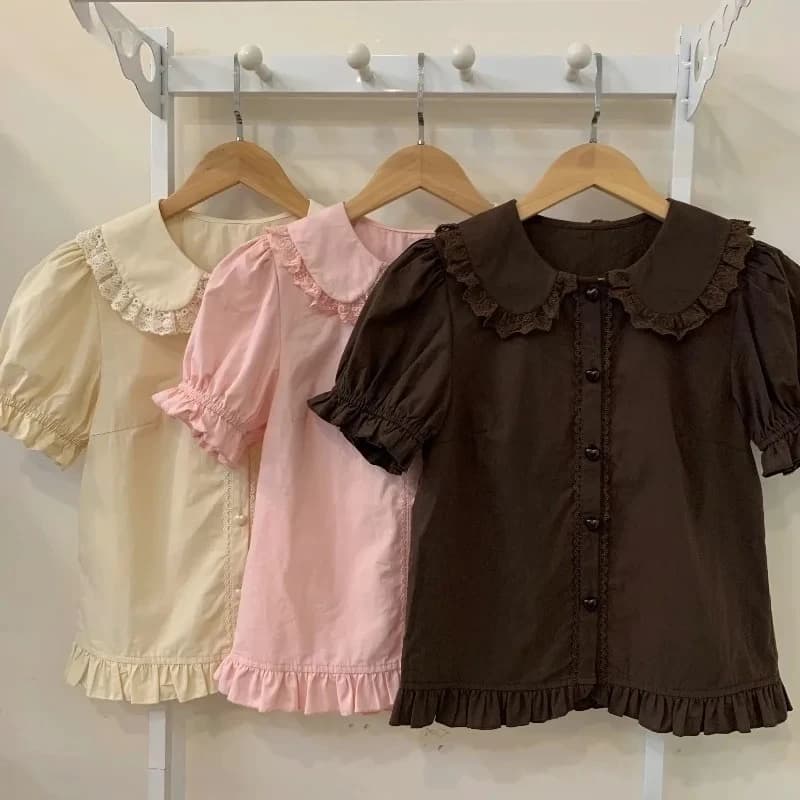 Summer Japanese Kawaii Lolita women's shirts soft short sleeve volant in lace thin blouses cute girls Y2k dresses top Blusas