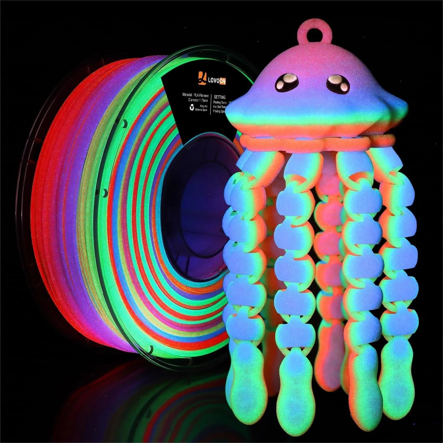 Filamento PLA Luminoso Arcobaleno 1.75mm, Filamento per Stampante 3D che si Illumina al Buio per Decorazioni di Halloween e Natale, Bobina da 1KG