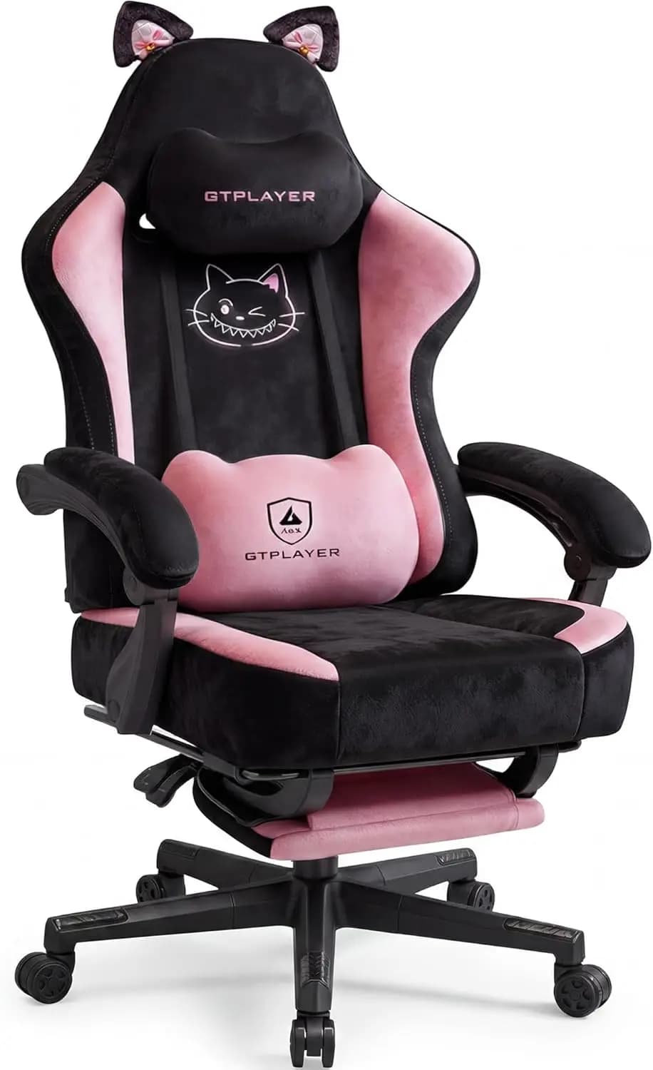 Pink Gaming Chair with Cat Ears, Ergonomic Computer Chair with Memory Foam Lumbar Support, Soft Velvet Fabric, Reclining Office Chair