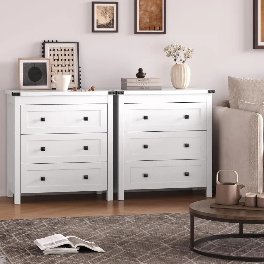 Bedroom night stand set of 2: modern wooden 3-drawer bedside table with metal handles, black finish, anti-tipping design and st