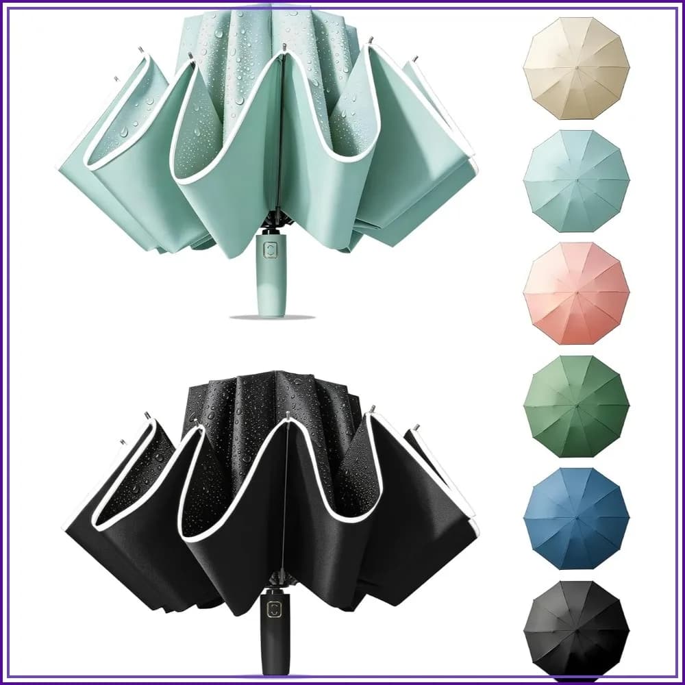 Large Windproof Travel Umbrella - Reverse Auto Folding Car Umbrella for Rain and Sun, Compact Inverted Design with Waterproof Canopy, 10 Durable Ribs, Fits Backpack, Portable for Women & Men
