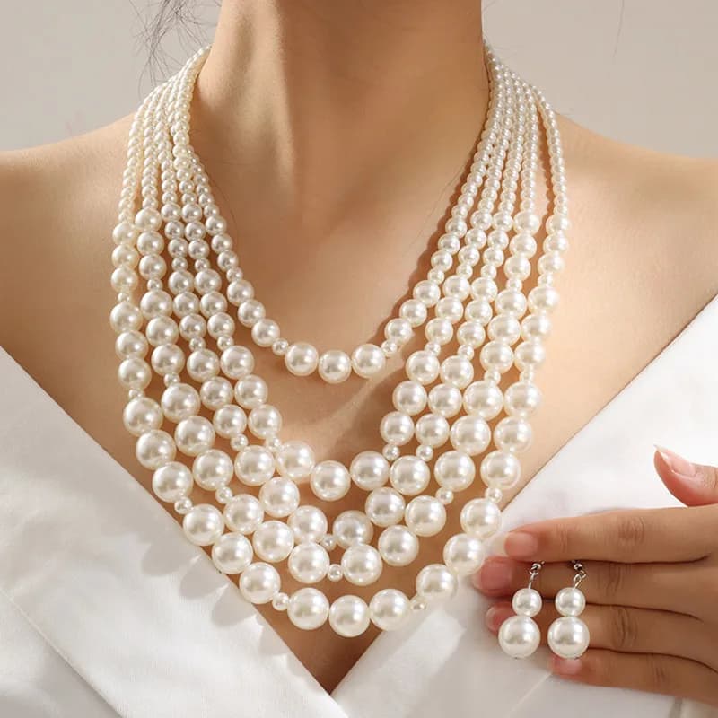 Set di gioielli con perle simulate in stile semplice alla moda, set di orecchini con collana multistrato da donna, regalo di gioielli da sposa per festival di gioielli