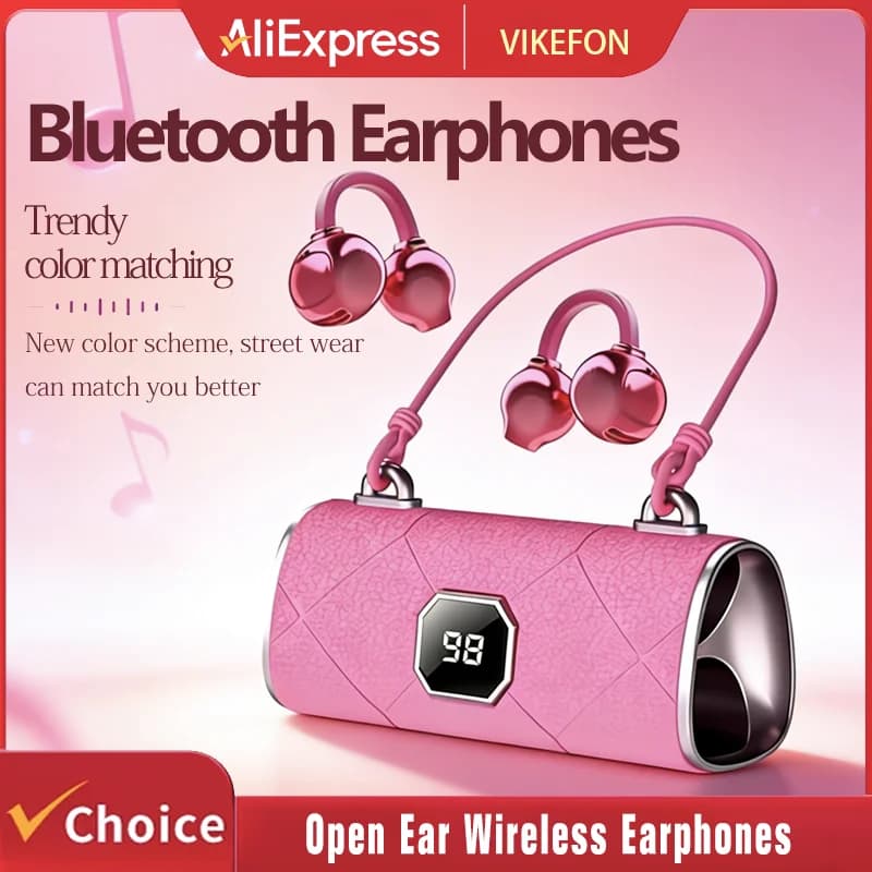 Auricolari Wireless Open-Ear con Microfoni, Clip per Orecchio, Controllo Touch, Display LED della Batteria, Bluetooth 5.4, Cuffie OWS