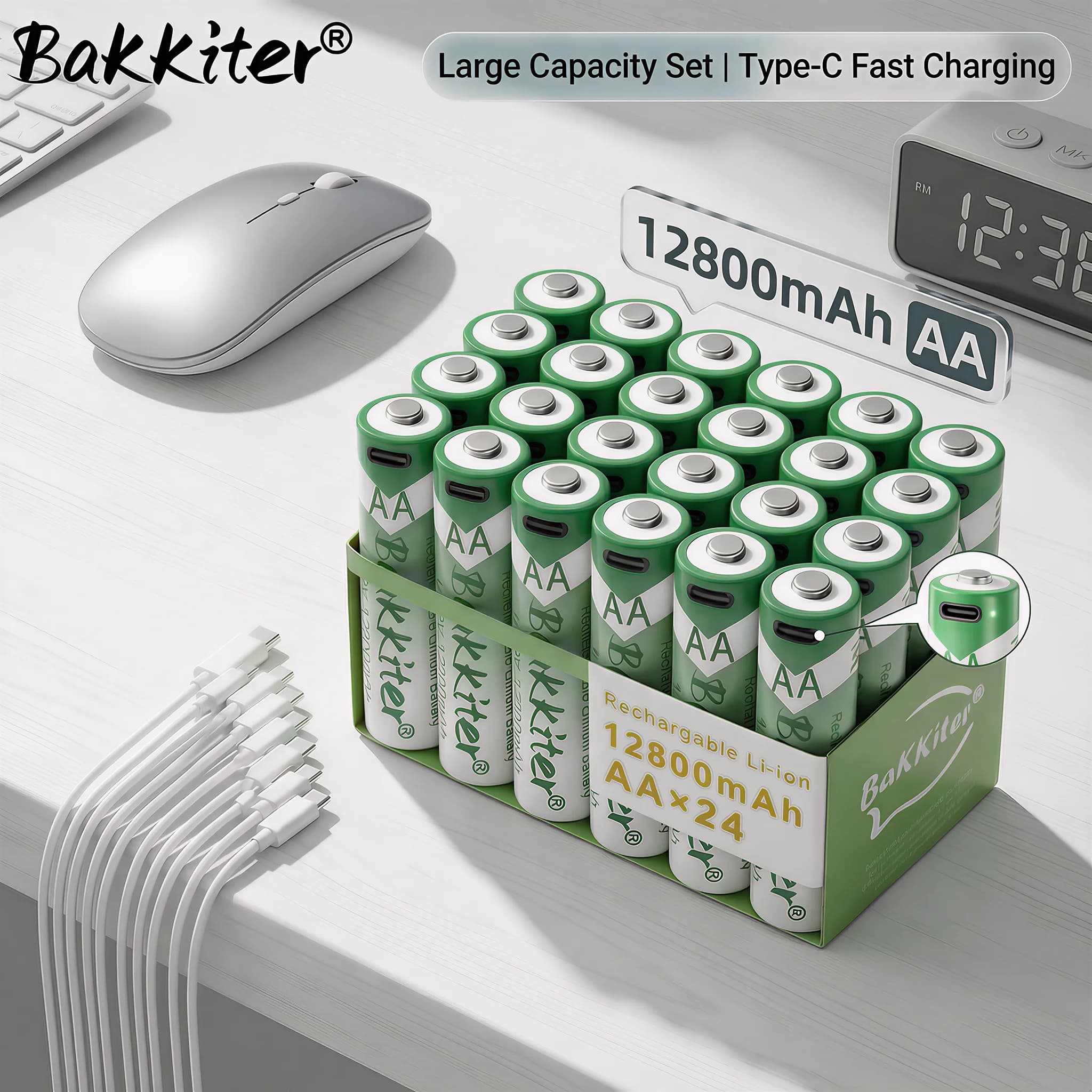 Batteria al Litio Ricaricabile BaKKiter 1.5V AA 12800mAh, Ricarica USB Rapida a Tensione Costante per Serrature Intelligenti, Controller di Gioco, Tastiere