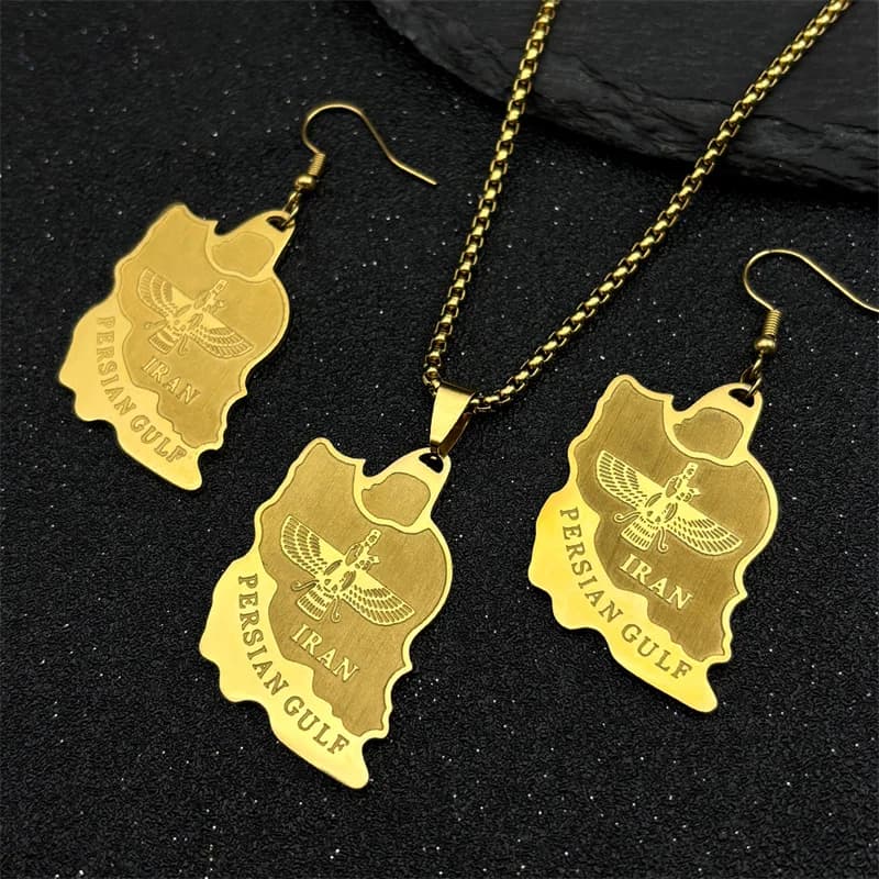 New Fashion Stainless Steel Iran Map Ahura Necklace Earring Set Zoroastrian Iran Cut Persian Empire Gold Color Jewelry Set