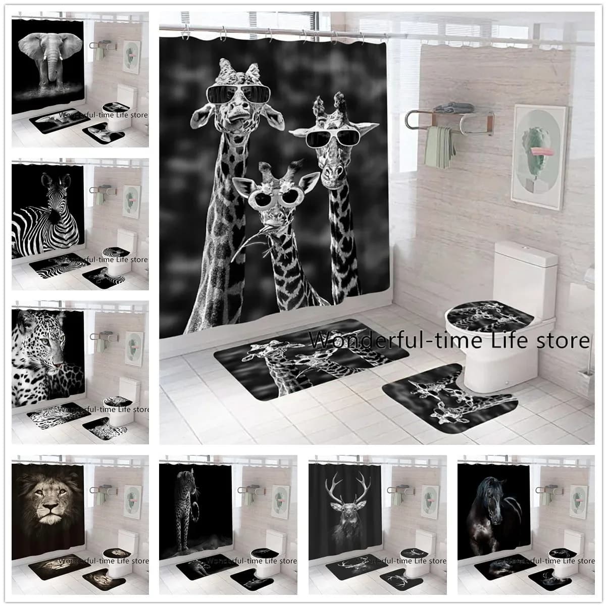 Set di tende da doccia stampate con animali neri 3D Giraffa Leone Elefante Zebra Cavallo Bagno Schermo da bagno Tappeti antiscivolo con coperchio per WC