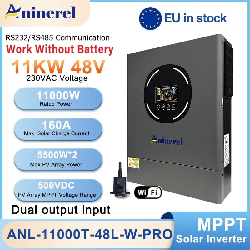 Inverter Solare Ibrido Aninerel 11KW 6.2KW 48V con Doppia Uscita e Doppio Ingresso, Regolatore Solare con Display LCD a Colori, MPPT 160A 120A PV 500VDC