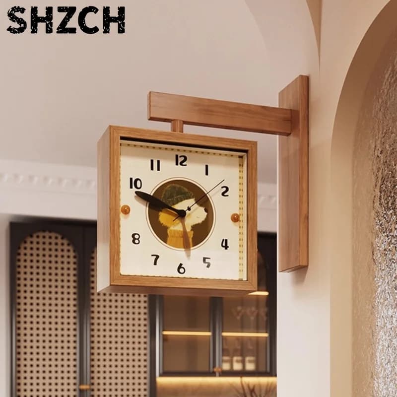 Solid Wood Corner Clock Scandinavian Timber Wall Decor Double-Sided Natural Wood Timepiece Space-Saving Living Room Wall Clocks