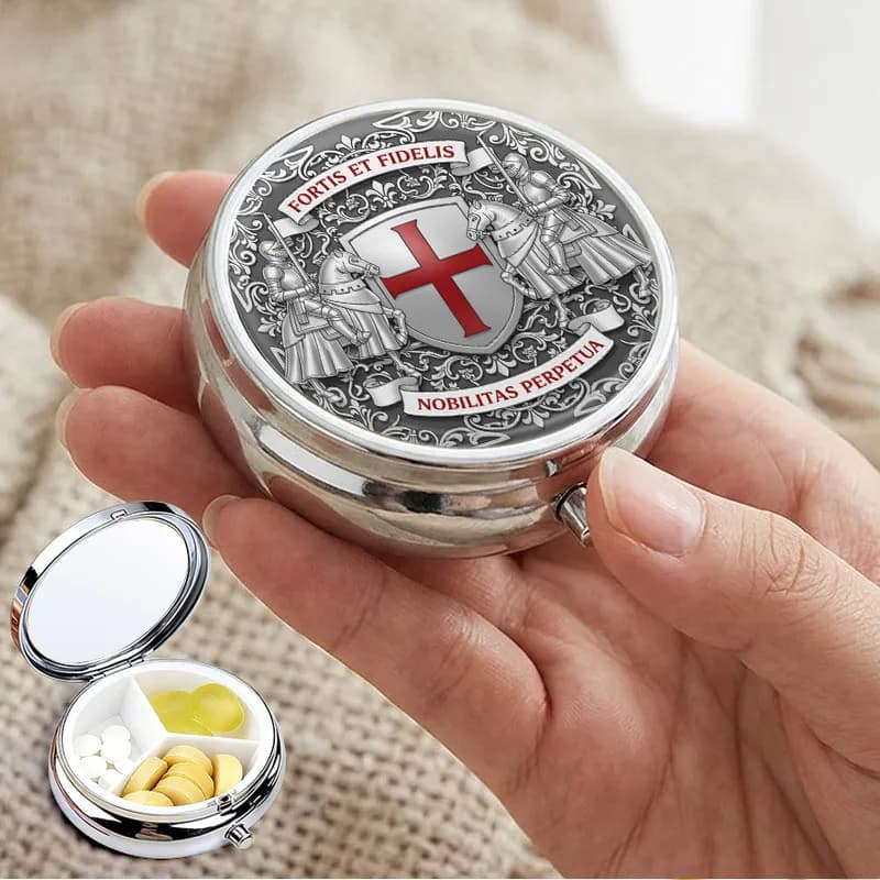 Metal Pill Box, Three-Compartment Portable Pill Case, Medieval Knight Shield and Red Cross Emblem Design, Compact Pocket Pill Box, Travel Vitamin Supplement Container, Durable Round Pill Case, Decorative Jewelry Storage Box