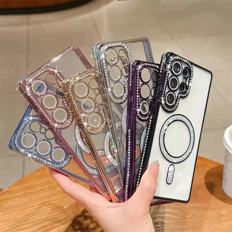 Glitter Strass Magnetic Case for Samsung Galaxy S26 S25 S24 S23 S22 Ultra Plus Compatible with MagSafe Cover Transparent Plated