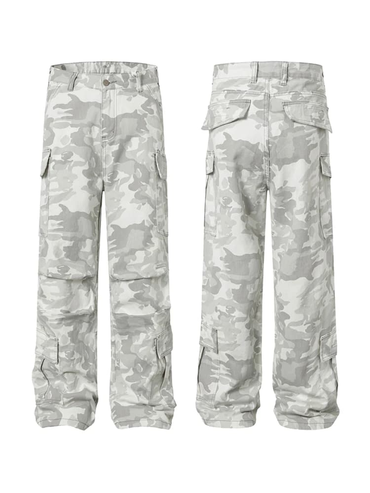 Retro American Washed Snow Camouflage Straight Leg Work Pants Men Women Multi Pocket Flared Casual Jeans Denim mid Waist Zipper