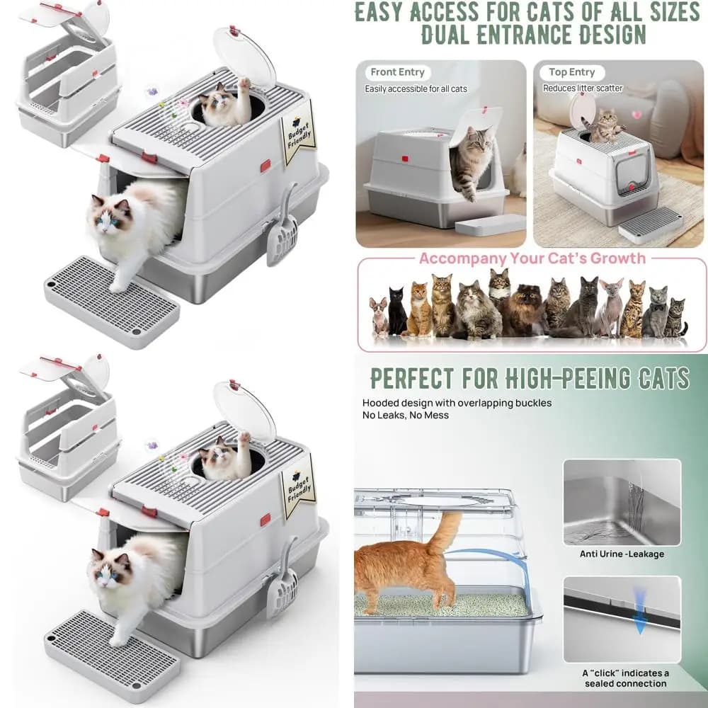 Lettiera per Gatti Extra Large in Acciaio Inossidabile con Coperchio, Toilette per Gatti Jumbo con Pareti Alte, Controllo Odori, Spaziosa e Resistente, Antiaderente